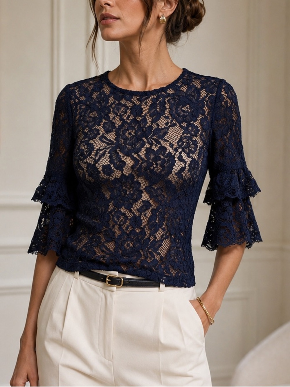 Reformation Navy Floral Lace Blouse Ruffle Bell Sleeve Sheer Romantic Top Small